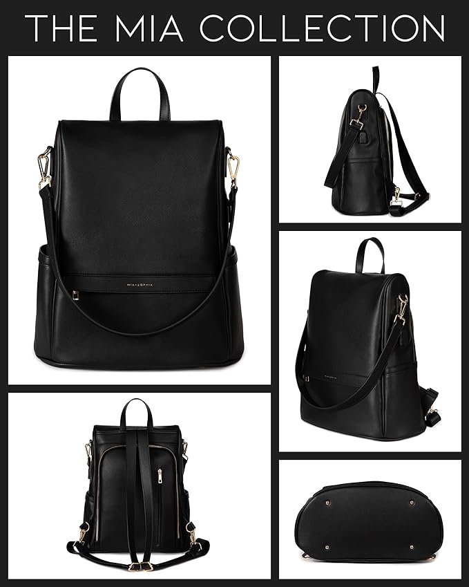 MIA + SOPHIA Leather Diaper Bag Backpack with USB Charging port, Changing Pad, Stroller Straps (Black Mia)