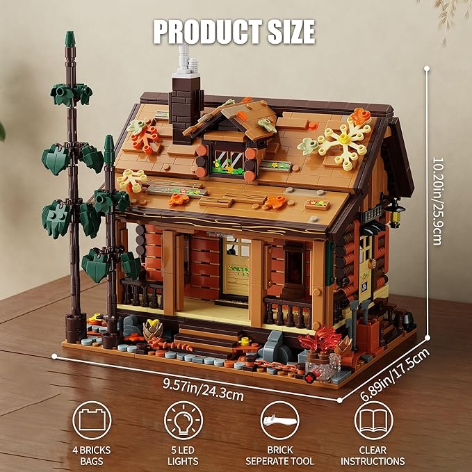 Wood Cabin Building Blocks Set with LED Lights, Autumn House Building Toys, Log Cabin Construction Kits, Stem Forest Treehouse Model, Birthday Gift for Adults and Boys Age 8-12(1969Pcs)