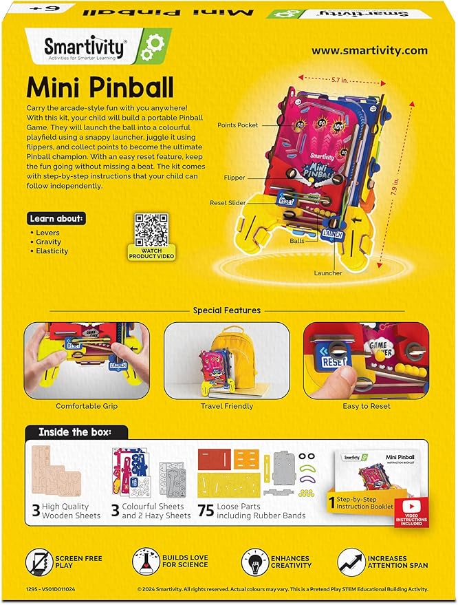 Smartivity DIY Mini Pinball for Kids Ages 6-12 Years | Build Your Own - Hand Held Pinball Game I Birthday Gift for Boys & Girls | STEM Toy for Kids 6,7,8,9,10,11,12 Years Old