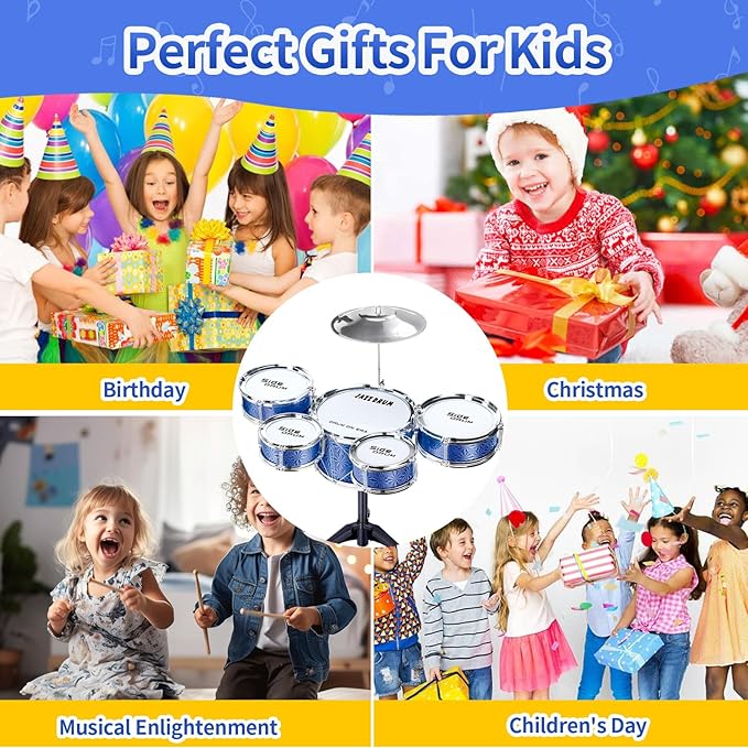 Tinylife Kids Drum Set, Jazz Drum Kit 5 Drums with Cymbals, Sticks, Throne for Toddlers Little Rockstar Toy for Baby Boys Girls Gifts (Navy)