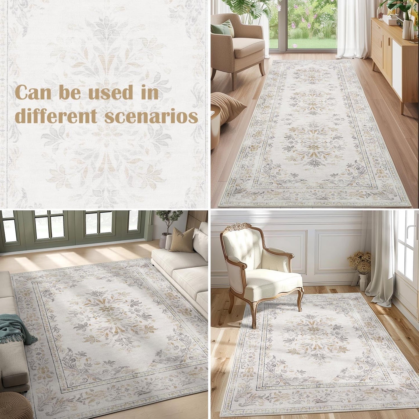 jinchan Hallway Runner Rug 2x10 Vintage Floral Distressed Design - Machine Washable Non-Slip Low-Pile Soft Thin Faux Wool Kitchen Carpet for Farmhouse Bedroom Laundry Room(2x10ft,Light Grey)