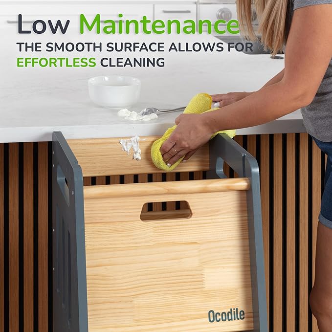 OCODILE Toddler Tower with a Sliding Door and 3 Adjustable Heights - Complete Toddler Kitchen Stool Helper with Support Feet - Safe Design for 18+ Months to 6-Year-Old Kids - Gray