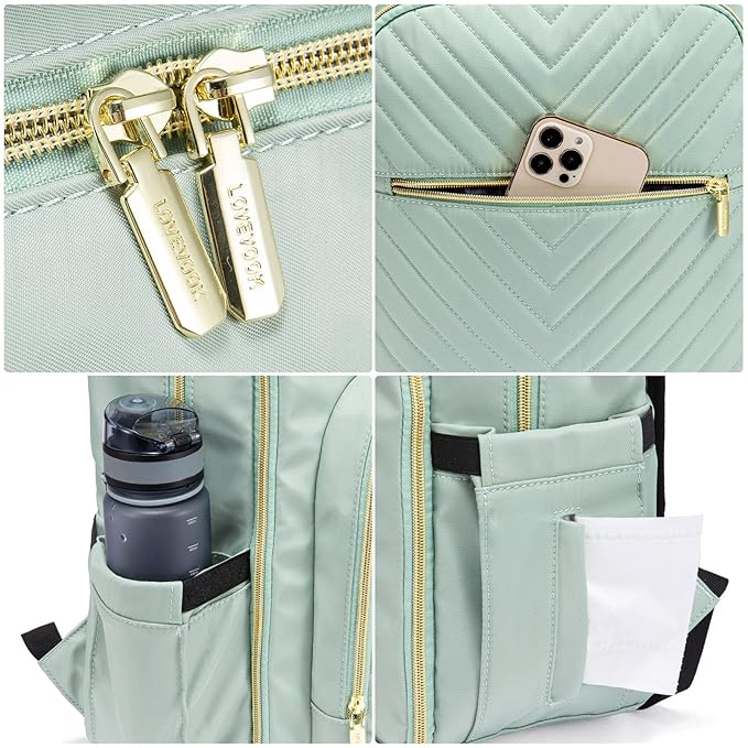 LOVEVOOK Diaper Bag Backpack, Quilted Baby Bag with Changing Pad & Pacifier Holder, Waterproof Travel Diaper Bags for Baby Boys Girls, Stylish and Large Capacity, Mint Green