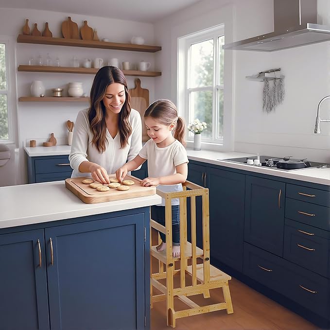 Kids Kitchen Step Stool, Toddler Standing Tower Adjustable Height with Anti-Slip Feet, Toddlers Learning Step Stool Helper for Kitchen Counter or Bathroom Sink, Natural Bamboo