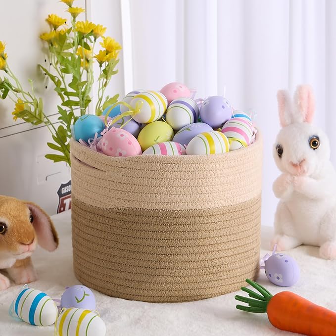 Small Basket for Organizing | Cube Shelf Closet Storage Baskets | 9.7×9.7×7.1” | Woven Rope Gift Basket | Nursery | Round 3 Packs Tan