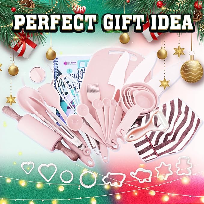 JoyTown Kids Cooking and Baking Set with Storage Case –Complete Cooking Supplies for The Junior Chef with Cookbook, Knives, Timer, Kids Baking Kit for Girls & Boys – Real Utensils Accessories - Pink