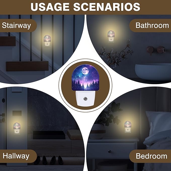Moon Galaxy Star Night Light, Starry Sky and Forest Night Lights Plug into Wall Dusk to Dawn Sensor Round Nightlight for Women Men Energy Efficient Led Lamp 0.5W for Stairway Hallway Bedroom