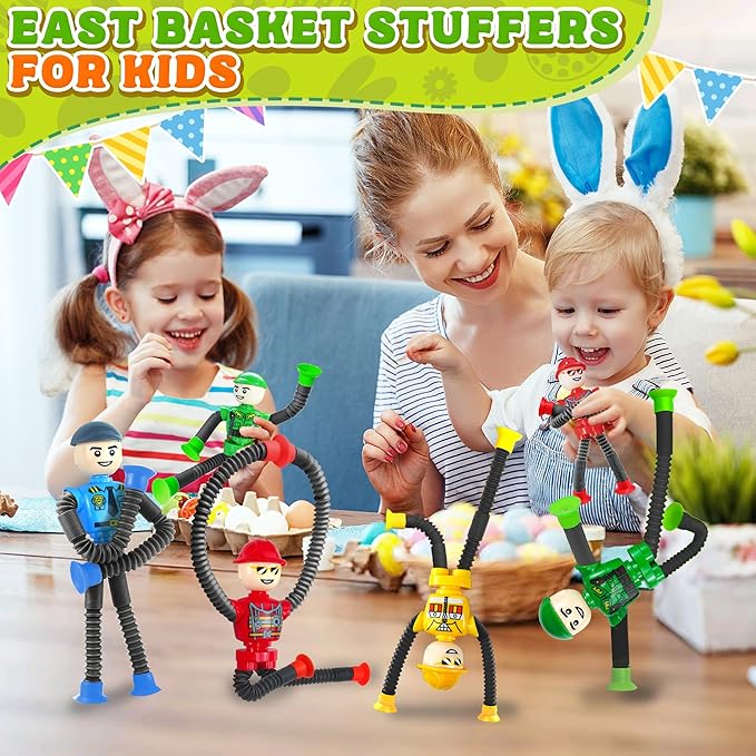 Easter Basket Stuffer Gift for Toddlers Kids Robot Sensory Travel Toys 4Pcs for Boy Year Old Ages 3 4 5 6 7 8 9, Airplane Travel Activities Suction Autistic Valentine Pop Tube Autism Fidget Toys