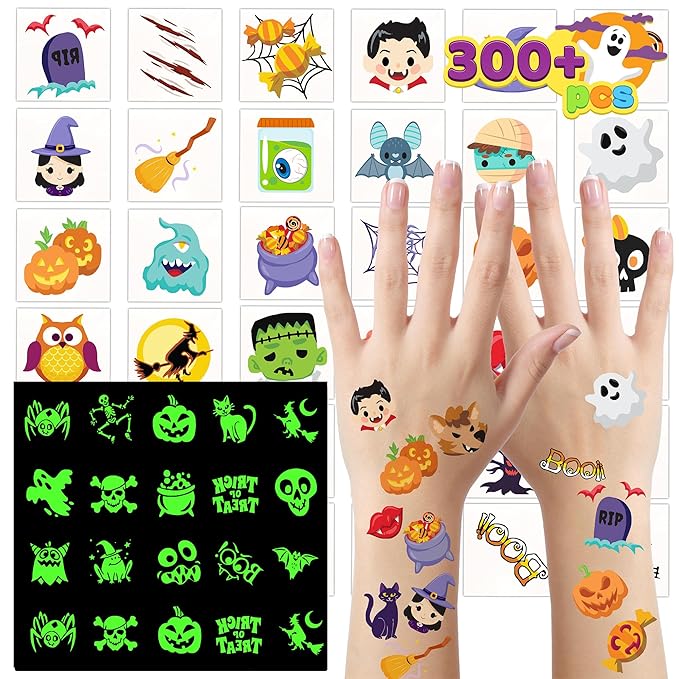 JOYIN 306 Pcs Halloween Tattoos for Kids, Glowing Temporary Tattoos in Assorted Designs Bulk for Child Trick or Treat Gifts Halloween Party Favor Decorations Goodie Bags Supplies Class Game Prizes