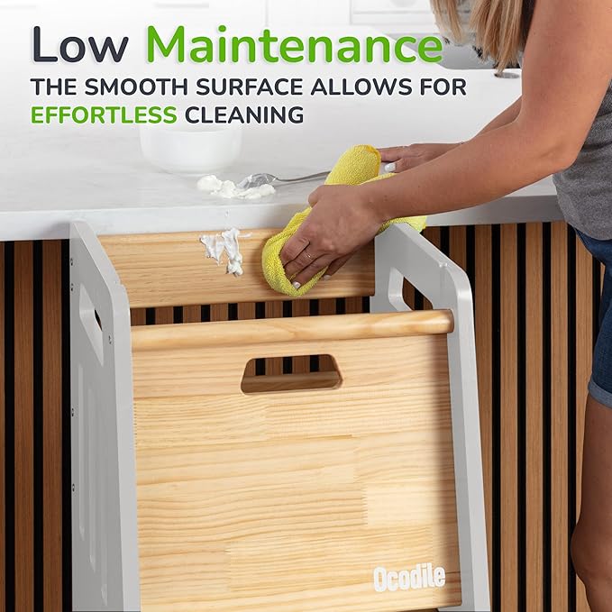 OCODILE Toddler Tower with a Sliding Door and 3 Adjustable Heights - Complete Toddler Kitchen Stool Helper with Support Feet - Safe Design for 18+ Months to 6-Year-Old Kids - White