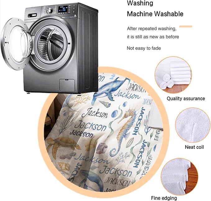 Personalized Baby Blanket for Girls Boys Kids Dolphins Turtles Custom Baby Blanket with Name Throw Birthday Gift for Toddlers Infants Shower Newborns Nursery Stroller Crib Bed Decor