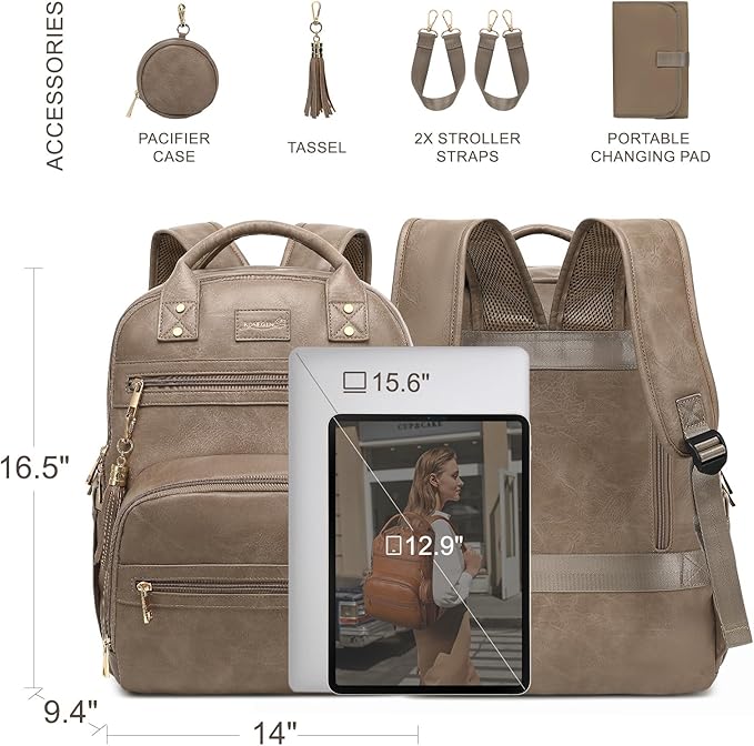 Premium Vegan Leather Diaper Bag Backpack with Waterproof Changing Pad, Reinforced Zippers & Odor-Free, 20 Pockets Pro Organizer, Fits 15.6" Laptop, Stroller Straps, Baby Bag for Mom, Taupe