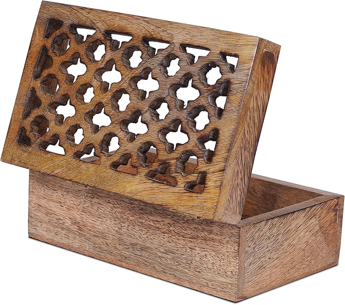 Mela Artisans Wooden Keepsake Box | Medium Burnt Mango Wood Memory & Photo Storage Box with Hinged Lid | Decorative Storage Box | Medium | 7.5x4.5x3 Inch