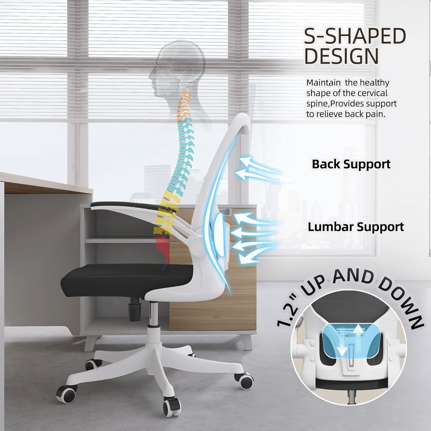 Ergonomic Office Chair, High-Back Mesh Computer Desk Chair with Adjustable Height, Lumbar Support, Flip-Up Armrests,headrest,and Swivel Rolling Design for Home and Office Use