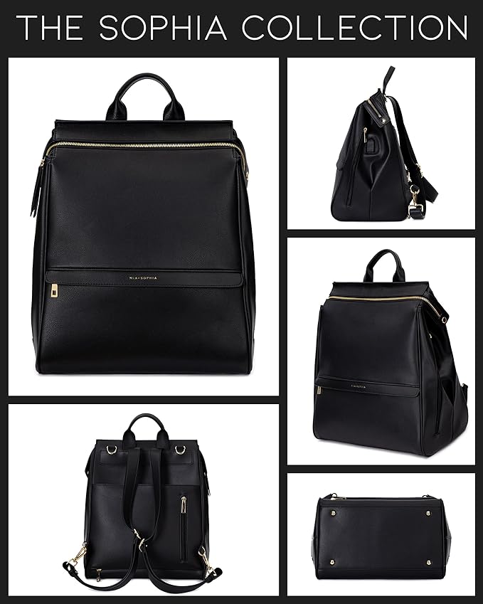 MIA + SOPHIA Leather Diaper Bag Backpack with USB Charging port, Changing Pad, Stroller Straps, and Bottle Holder (Black Sophia)