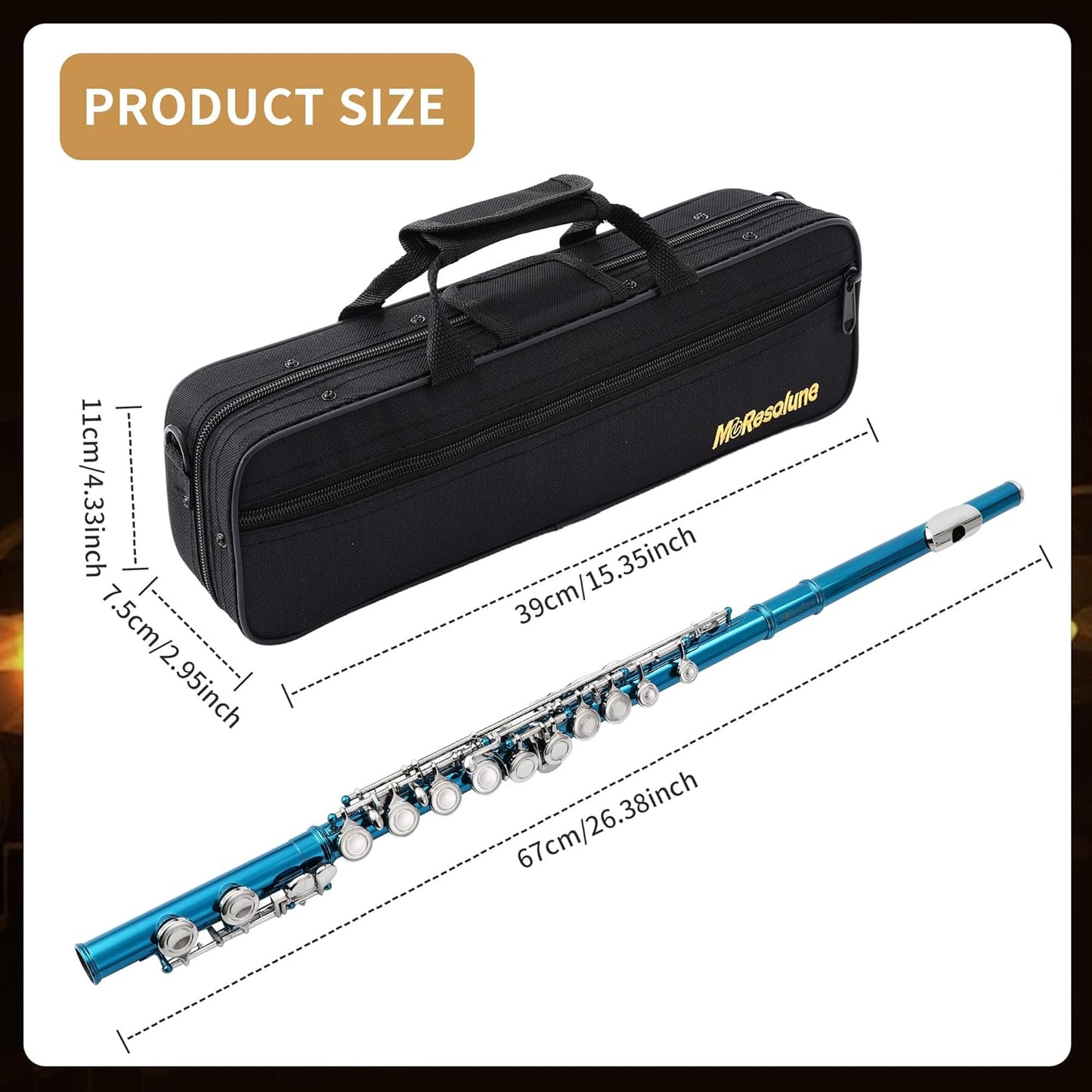 C Flute Closed Hole 16 Key for Beginner Student Blue Flute with Carrying Case Stand Gloves Cleaning Cloth for School Band Instruments