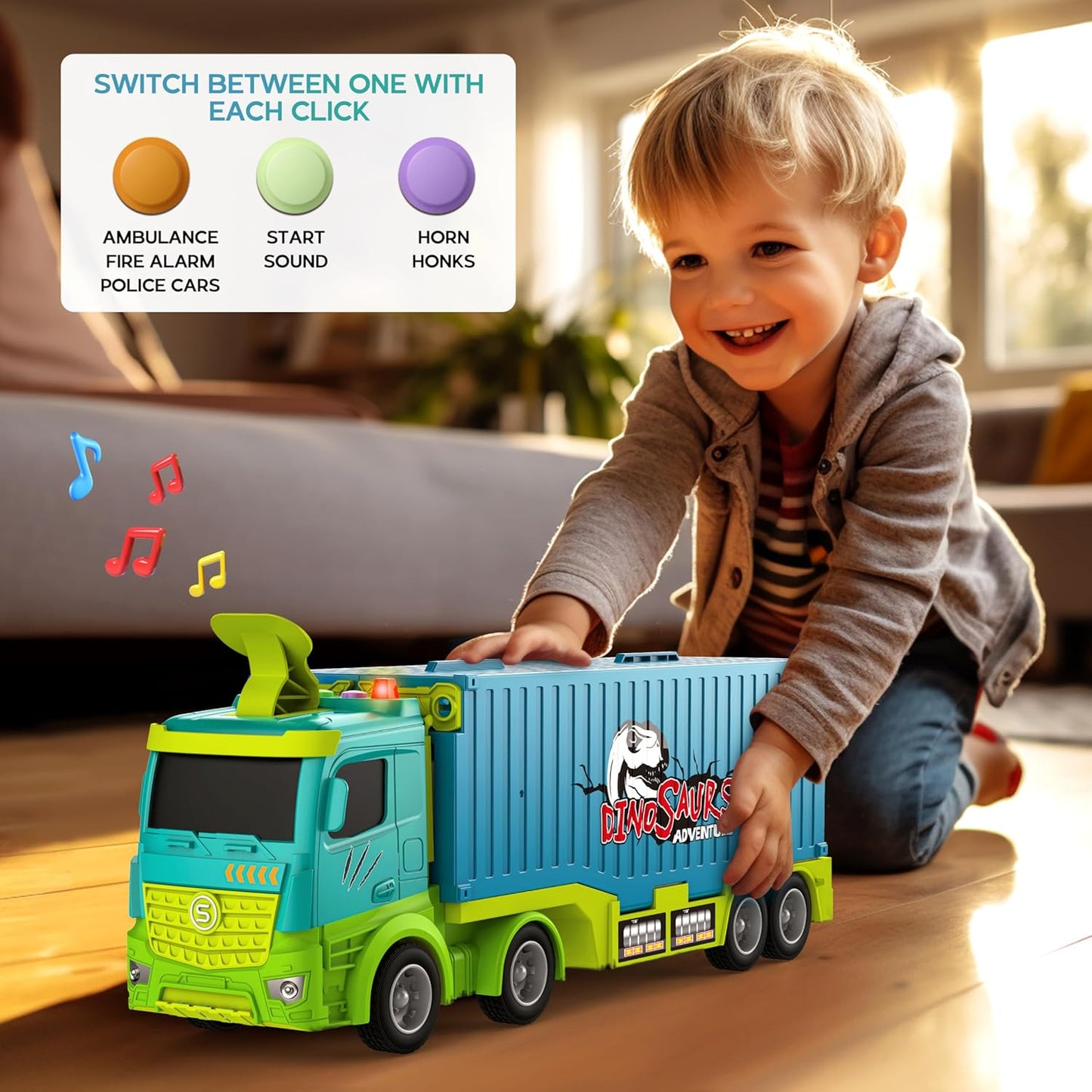 Carrier Truck Race Track Toddler Toys, Foldable 3 Layer Toddler Track Playset, Dinosaur Toy Truck Transport Car Carrier & 8 Race Cars, Truck Car Kids Toy Gifts for Age 3 4 5 6+ Year Old Boys Girls