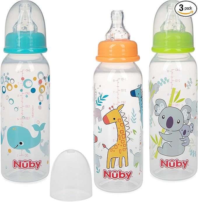 Nuby Printed Non-Drip 8oz Bottle, 3 Pack - Aqua, Orange, Green