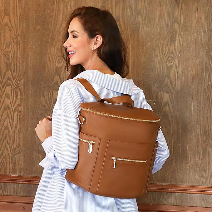 miss fong Diaper Bag Backpack Baby Diaper Bag, Large Leather Diaper Backpack with 16 Pockets Travel Diaper Bag with Diaper Changing Pad, Stroller Straps & 2 Insulated Pockets (Regular, Cognac)