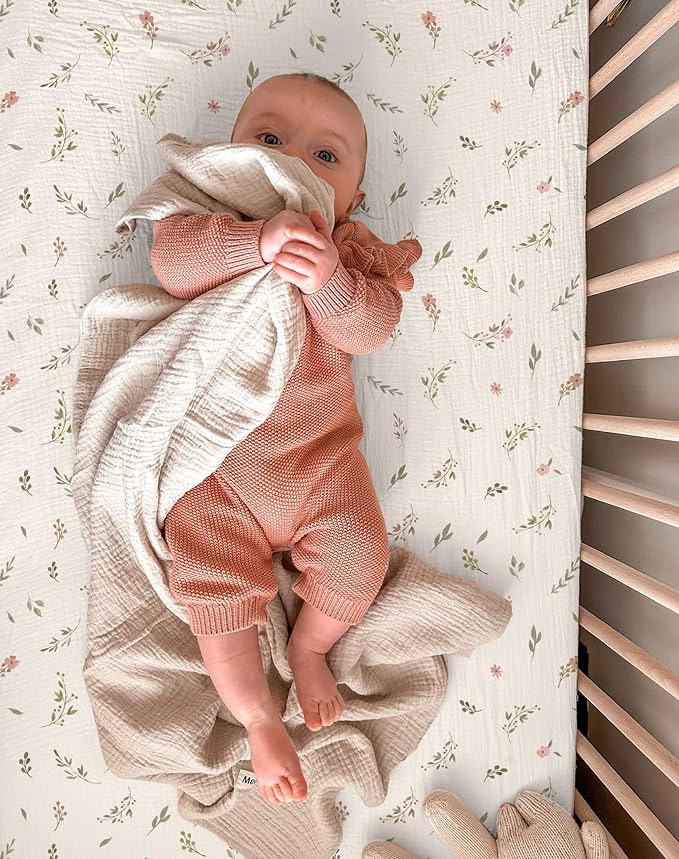 Pack and Play Sheets for Baby Boy and Girl 2 Pack, Neutral Muslin Cotton Pack N Play Mattresses Sheet 27"x39", Muslin Nursery Bedding Soft and Breathable Comfort (Petal Leaf & Pink)