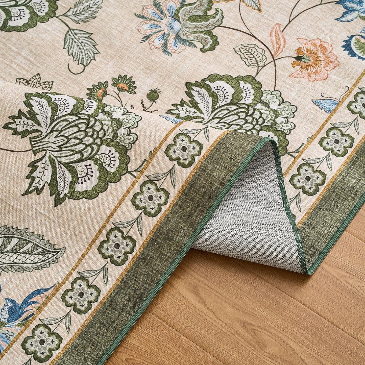 jinchan 6ft Floral Round Rug for Dining Room Washable Living Room Rug Vintage Romance Design Non Slip Indoor Floor Cover Lightweight Low-Profile Throw Carpet for Bedroom Porch Patio, Green/Beige