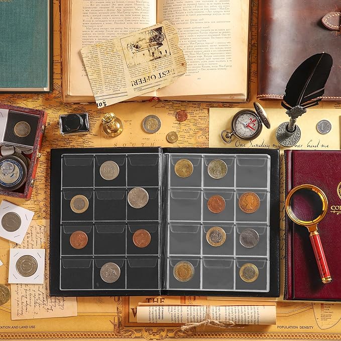 120 Pockets Coin Album - Coin Collecting Book with 10 Pages, 45x43 mm Grid Holder for Pounds Pence Cents Dollars Nickel (Red) CS48120RE