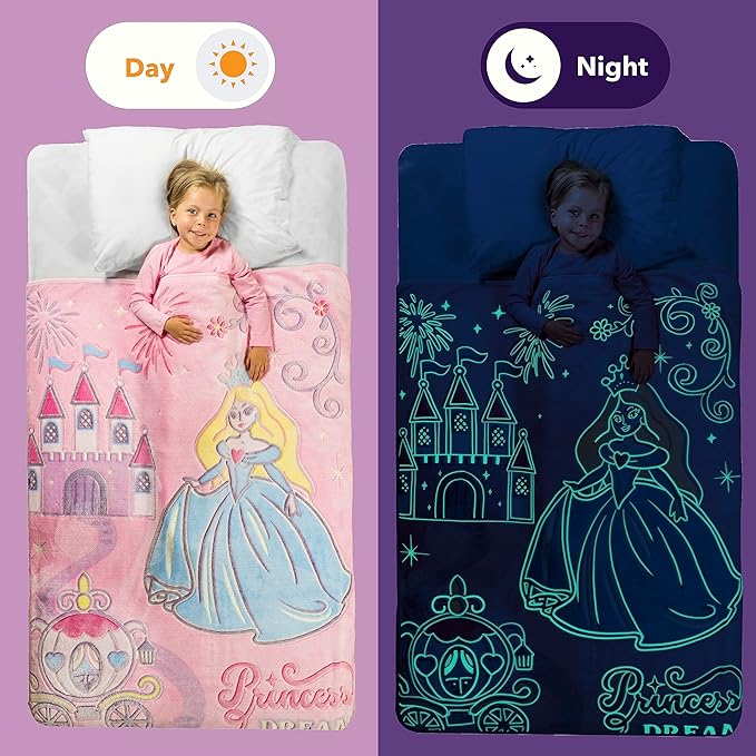 Snooze Bliss Glow in The Dark Princess Blanket– Fun Birthday Gift for Kids Who Love Toys & Dresses for Girls. Cute Toddler Blanket Throw for Princess Bedding and Room Decor