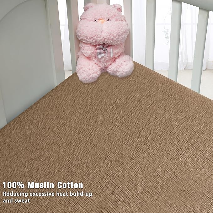 Muslin Crib Sheets for Boys Girls 100% Cotton Fitted Baby Crib Sheet 2 Pack Soft and Breathable for Standard Crib Mattress & Toddler Mattress 52x28in (Beige & Coffee)