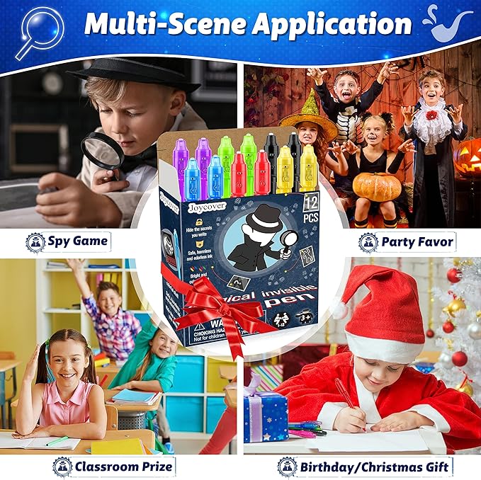 Joycover 12 PCS Invisible Ink Pen with UV Light for Kids, Spy Pens and Notebook, Birthday Party Favors for Kids 4-8, School Prize Goodie Bag Stuffers, UV Pen for Secret Message Escape Room