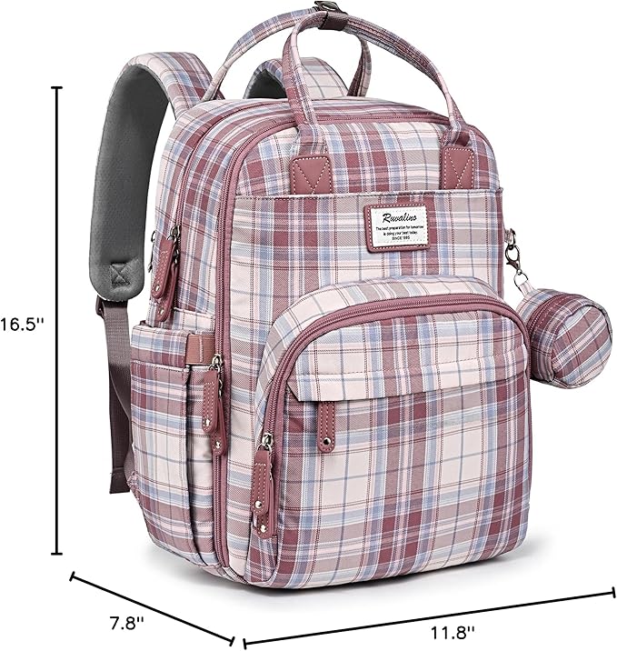 RUVALINO Diaper Bag Backpack, Multifunction Travel Pack Maternity Baby Changing Bags, Large Capacity, Waterproof, Pink Plaid