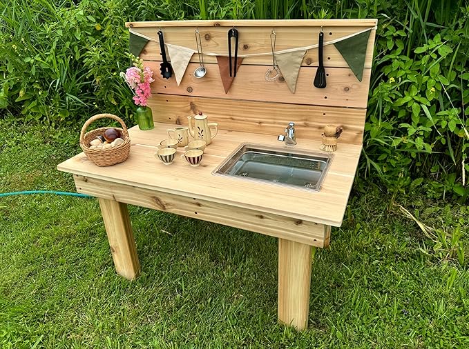 Noble Toys Mini Mud Kitchen with Functional Sink for Kids | Pretend Play Toddler Table with Running Water | Outdoor Playset Working Sink | Real Wooden Kitchens | Preschool Equipment