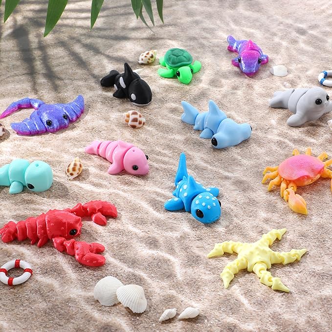 JOYIN 12 Pcs 3D Printed Ocean Animals Set, Mini Animals 3D Printed Toys - Cute Articulated Flexible Figurines Fidget Toys for Party Favors Birthday Gifts Desk Pets Office Home Decor