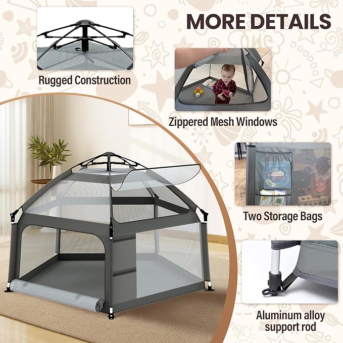 Baby Playpen with Self-Inflating Play Mat & Travel Bag, Portable Outdoor Playpen for Babies and Toddlers, Foldable Pop Up Play Tent for Home, Park, Beach and Camping (Grey)
