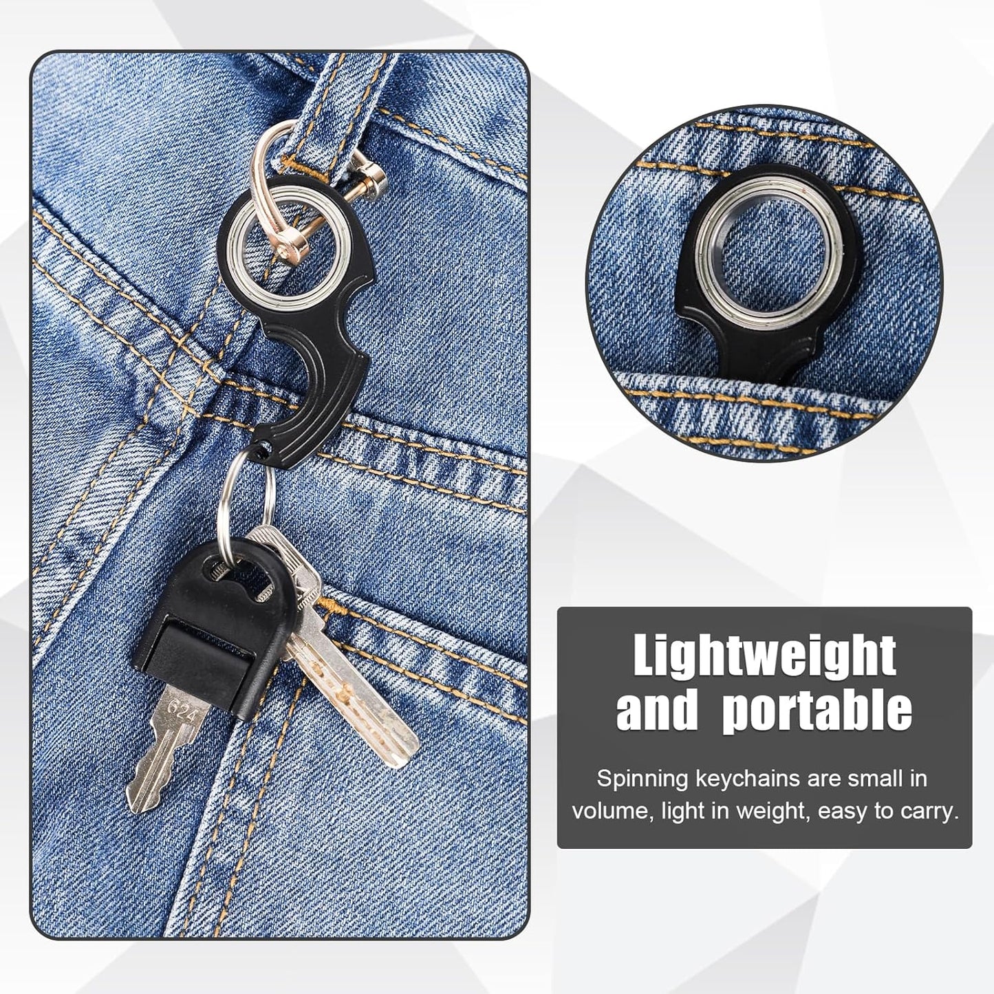 2pcs Key Chain Spinner Fidget Toy, Portable Finger Spinning Keychain with 2pcs Key Ring Funny Key Holder Toys for Adults Teens Finger Exercising (Black)