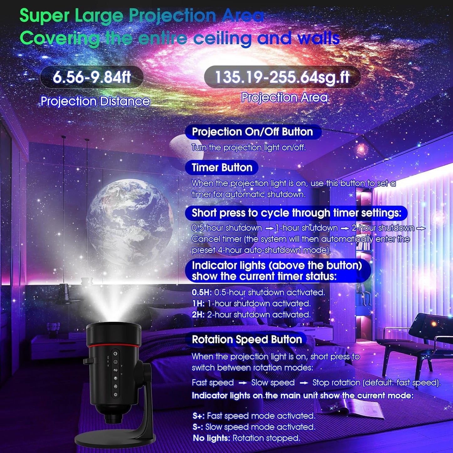 Galaxy Projector,Upgraded 4K HD Star Projector Lens, 10 Realistic Nebula Scenarios Room Lights,Timer Off Controls&8-Color Night Light,Super Wide Ceiling Coverage for Bedrooms Home Theaters Kids Rooms
