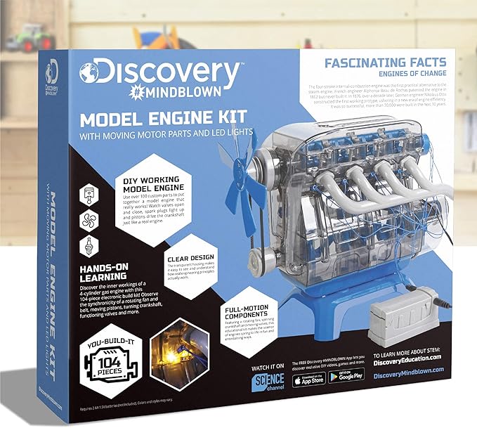 Discovery Model Engine Building Kit, DIY 4-Cylinder Combustion Engine, Working Pistons Fan Valves Belts LED Lights, STEM Mechanic Engineering Construction Experiment Set, Kids & Adults Gift