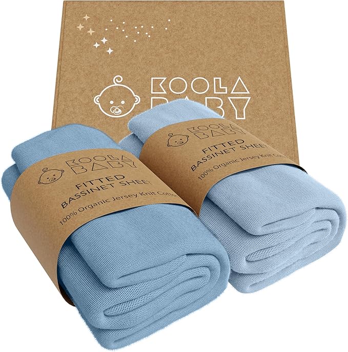 Bassinet Fitted Sheets - Compatible with Ingenuity Foldaway Rocking & Lullanight Soothing | 100% Organic Jersey Cotton - Light Blue + Dark Blue | 32x19 (2 Pack)