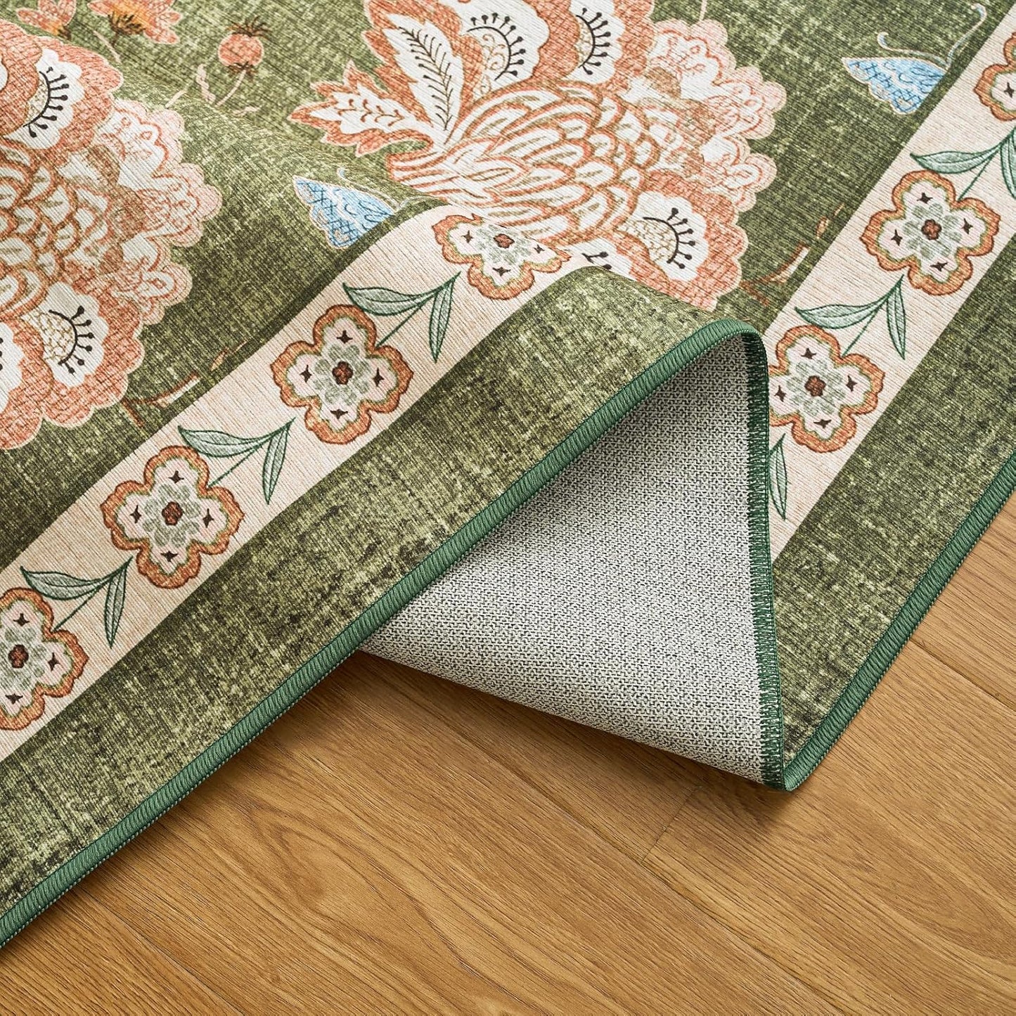 jinchan 3x5 Floral Rug for Entryway Washable Kitchen Rug Vintage Romance Design Small Mat Non Slip Indoor Doormat Lightweight Low-Profile Throw Carpet for Entrance Bathroom Laundry Room, Green