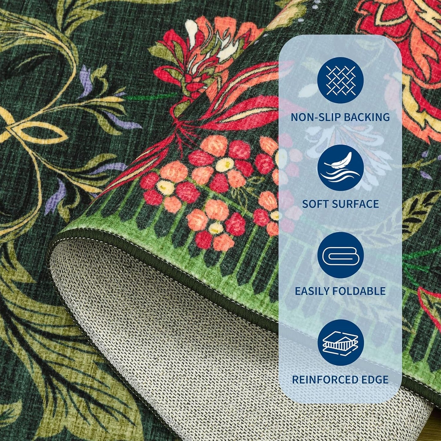 GarveeHome Forest Green Floral Botanical Washable Rugs 5x7 Area Rug for Living Room, Vintage Boho Cottage Throw Rugs Low Pile Carpet for Bedroom Dining Nursery Rug