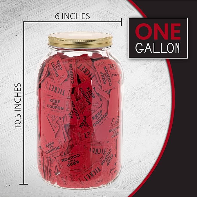 Mason Large Coin Bank with Slotted Gold Lid - Holds Up to $3,000 in Quarters - 1 Gallon Glass Money Jar for Piggy Bank, Tips, Raffle Tickets & Donations - Made in USA