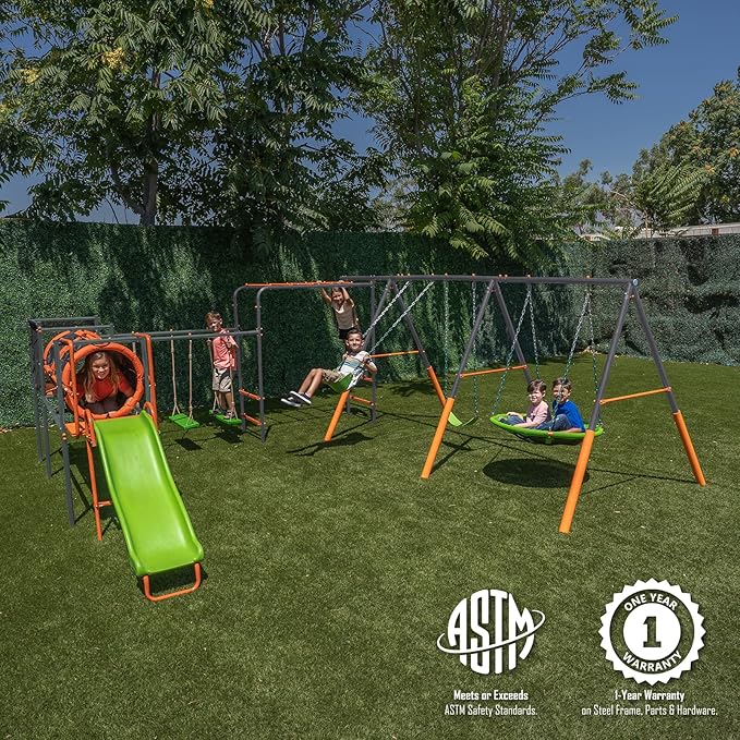 Jungle Warrior Big Cat Metal Swing Set: Adjustable Swings, 5ft Wavy Slide, Mesh Tunnel, Flying Saucer, Monkey Bars - Orange, Green and Grey - Exceeds ASTM Safety Standards