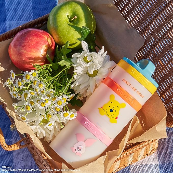 Whiskware Disney Winnie The Pooh Stackable Snack Containers for Kids and Toddlers, 3 Stackable Snack Cups for School and Travel, Sweet Like Honey, Pooh and Friends