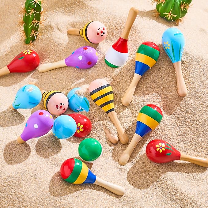 JOYIN 24 PCS Cinco De Mayo Mini Wooden Maracas for Kids, Fiesta Party Favors and Baby Maracas with Wooden Rattle Noisemakers Colorful Maracas Perfect for Cinco De Mayo Party
