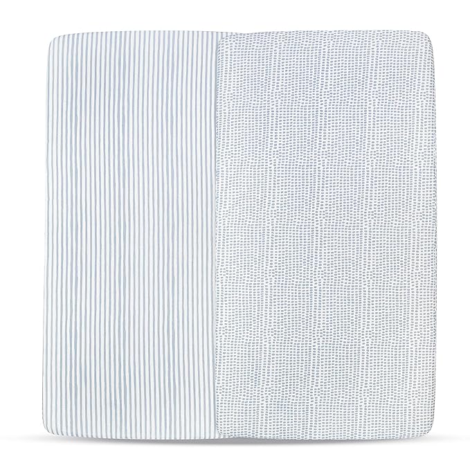 Ely’s & Co. Waterproof Crib Sheet/Toddler Bed Sheets – All-in-One Mattress Protector and Fitted Sheet – Soft Jersey Cotton, Misty Blue Splash & Stripes, Baby Boy Nursery Bedding Essential – 2-Pack