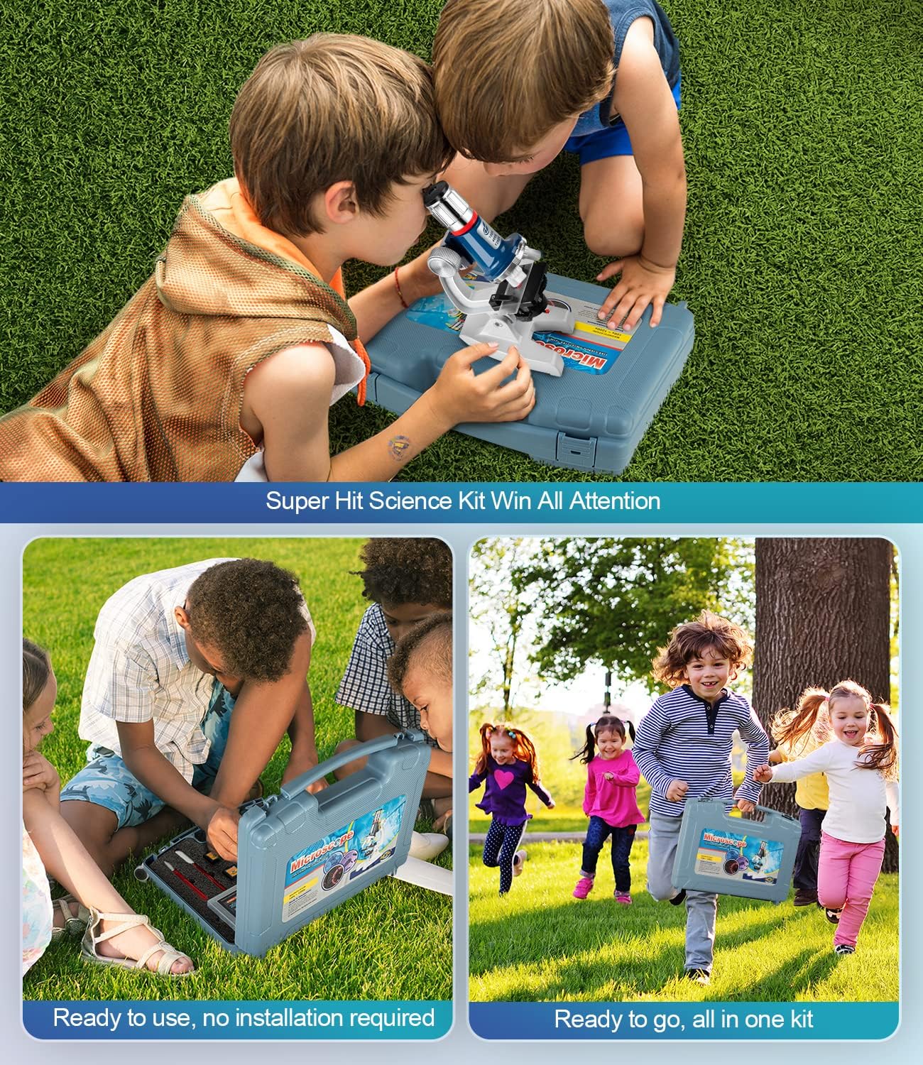 58-Piece Kids Microscope Kit - 100X-1200X Magnification, Metal Body, LED Light, Carrying Box - Science Experiment Toy for Kids Ages 5-12