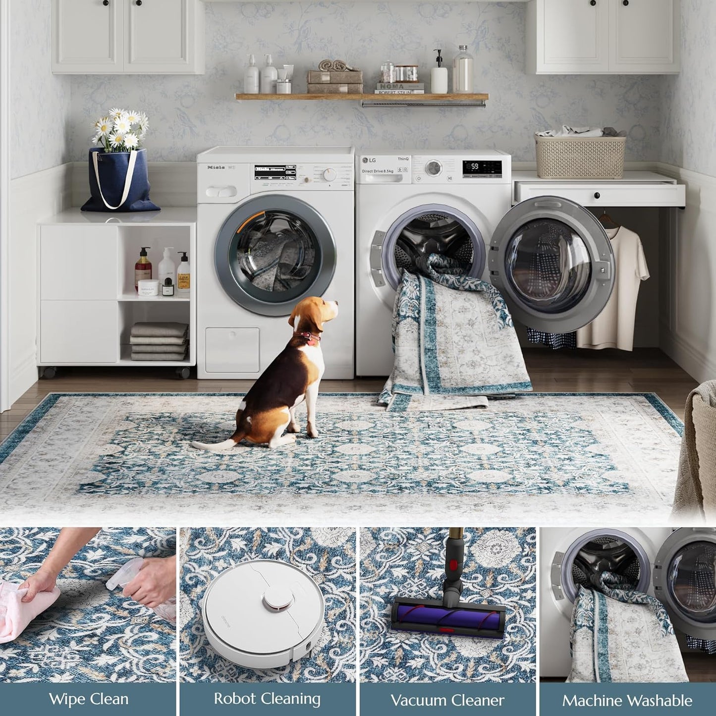 jinchan Floral Area Rugs 4x6 Machine Washable Vintage Distressed Boho Design Throw Rug Stain Resistant Carpet Low Pile Ultra-Thin Non-Slip for Bedroom Living Room Dining Room Kitchen(4‘x6',Drak Blue)