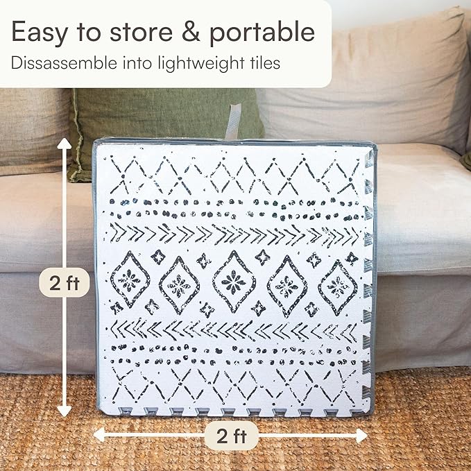 Lillefolk Baby Play Mat for Floor – 6x6ft Boho | Soft Non Toxic Premium EVA Foam Tiles for Tummy Time, Crawling & Playroom – Waterproof Interlocking Floor Mat for Babies & Toddlers (9 Tiles)