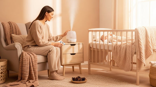 A mother gently caring for her baby under warm daylight, using a humidifier to support winter baby cold prevention and create a cozy early-December routine.