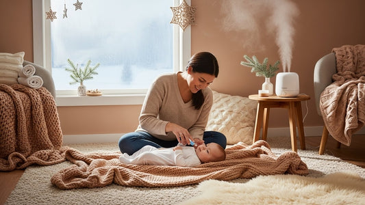A mother gently applying moisturizer to her baby in warm winter daylight, showing a layered hydration routine for delicate infant skin