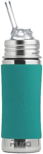 Pura Kiki 11oz/325ml Stainless Steel Straw Bottle w/Sleeve - 100% Plastic-Free, MadeSafe Certified, 100% Medical-Grade Silicone Straw for Kids, Toddlers, Preschoolers, Babies & Infant - New Mint